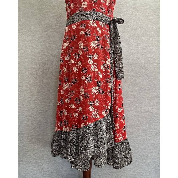 Cato Floral Asymmetrical Ruffle Wrap Dress 16 16W Red Black Cottagecore Romantic - Picture 4 of 14